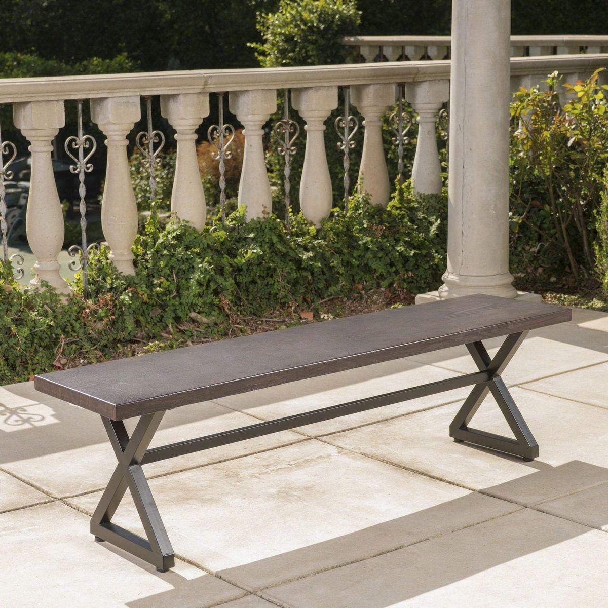 Outdoor Aluminum Dining Bench with Steel Frame, Brown / Black