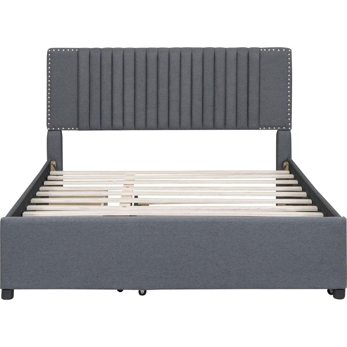 Queen Size Upholstered Platform Bed with 2 Drawers and 1 Twin XL Trundle, Classic Headboard Design, Gray