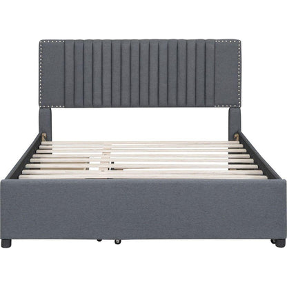 Queen Size Upholstered Platform Bed with 2 Drawers and 1 Twin XL Trundle, Classic Headboard Design, Gray