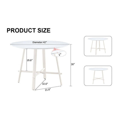 A modern minimalist circular dining table with a 42 inch diameter white patterned tabletop and white metal legs. Suitable for restaurants, living rooms, and conference rooms.