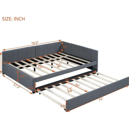 Full Size Upholstered Daybed with Trundle Sofa Bed Frame No Box Spring Needed, Linen Fabric(Gray)