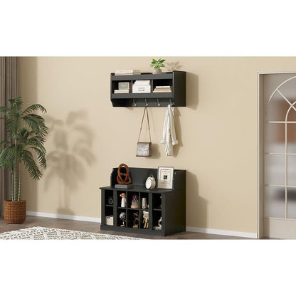 Shoe Storage Bench with Shelves and 4 Hooks, Elegant Hall Tree with Wall Mounted Coat Rack, Entryway Organizer For Hallway, Foyer, Mudroom, Black