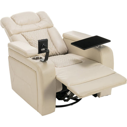 270 Degree Swivel PU Leather Power Recliner Individual Seat Home Theater Recliner with Comforable Backrest, Tray Table, Phone Holder, Cup Holder, USB Port, Hidden Arm Storage for Living Room, White