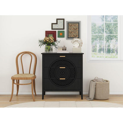 3 Drawer Cabinet with Hollow-Carved 3 Drawer Dresser Storage Chest with Metal Handles For Entryway Living Room Bedroom