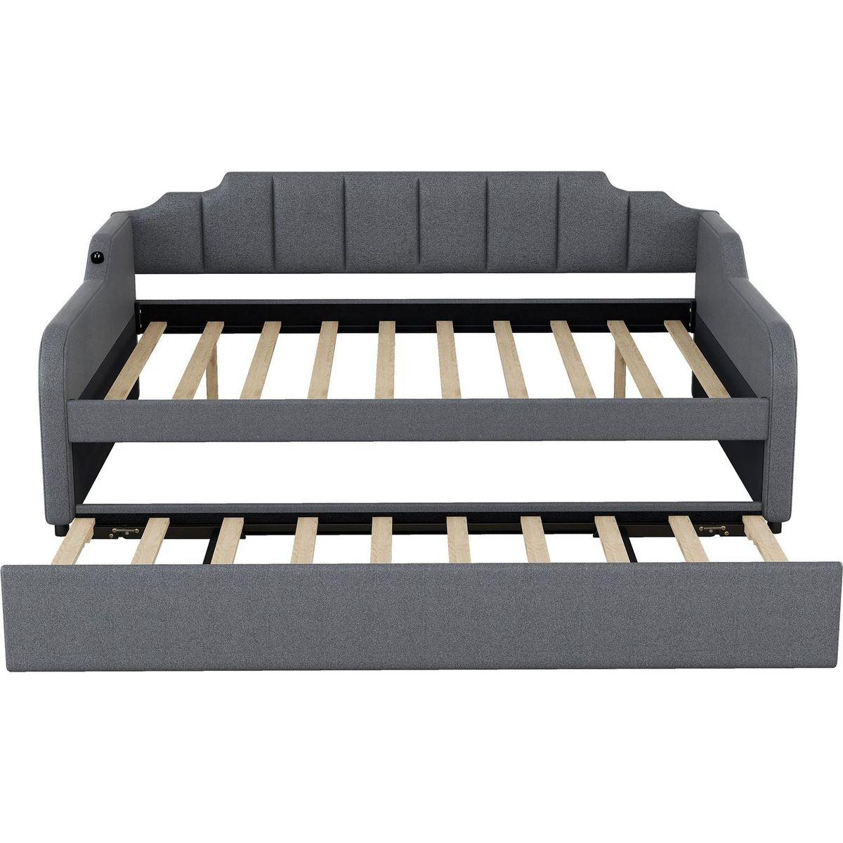 Full Size Upholstery Daybed with Trundle and USB Charging Design,Trundle can be flat or erected,Gray