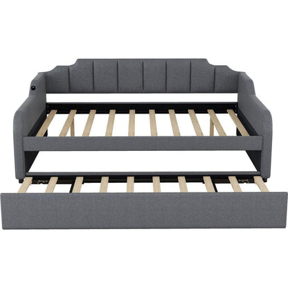 Full Size Upholstery Daybed with Trundle and USB Charging Design,Trundle can be flat or erected,Gray