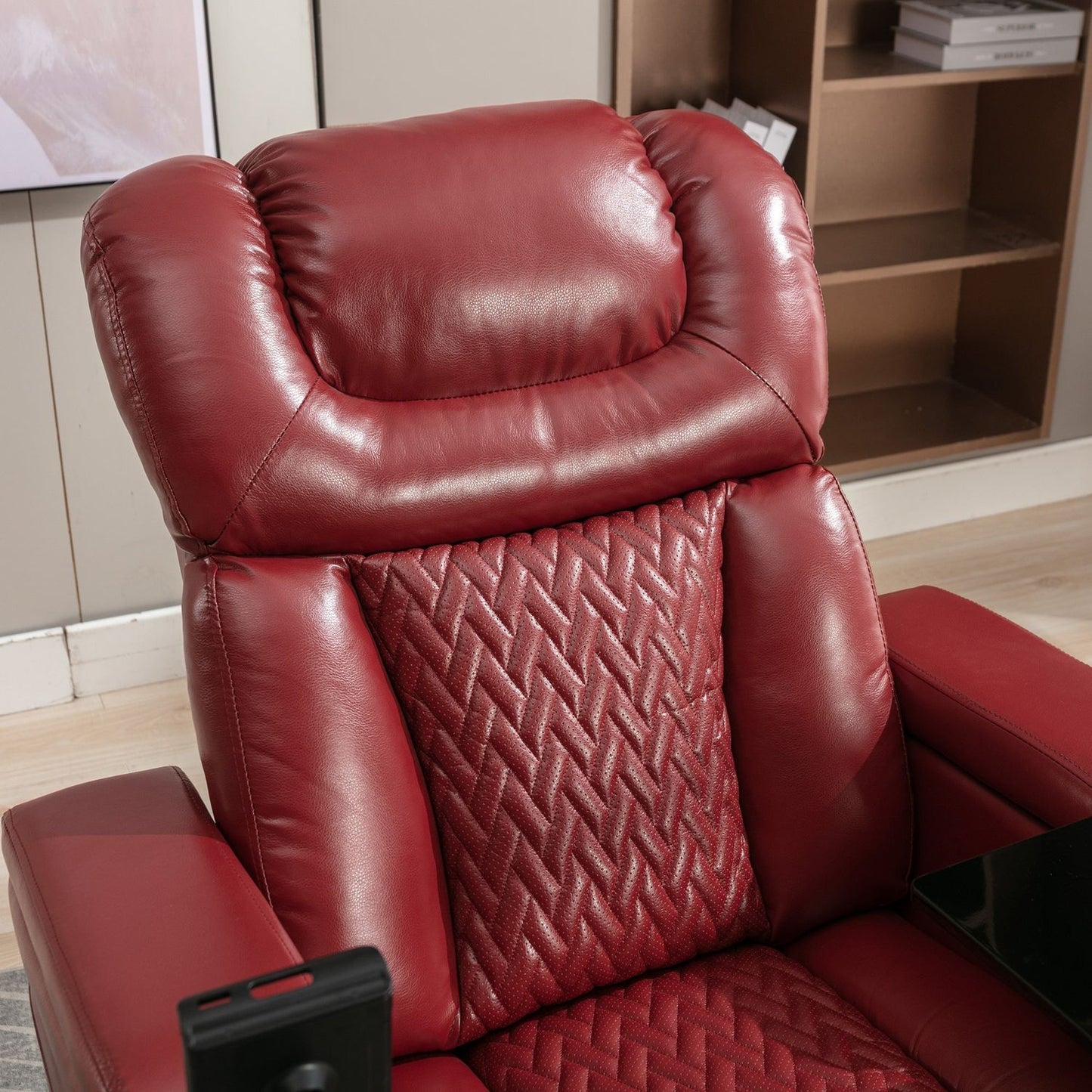 270 Degree Swivel PU Leather Power Recliner Individual Seat Home Theater Recliner with Comforable Backrest, Tray Table, Phone Holder, Cup Holder, USB Port, Hidden Arm Storage for Living Room, Red