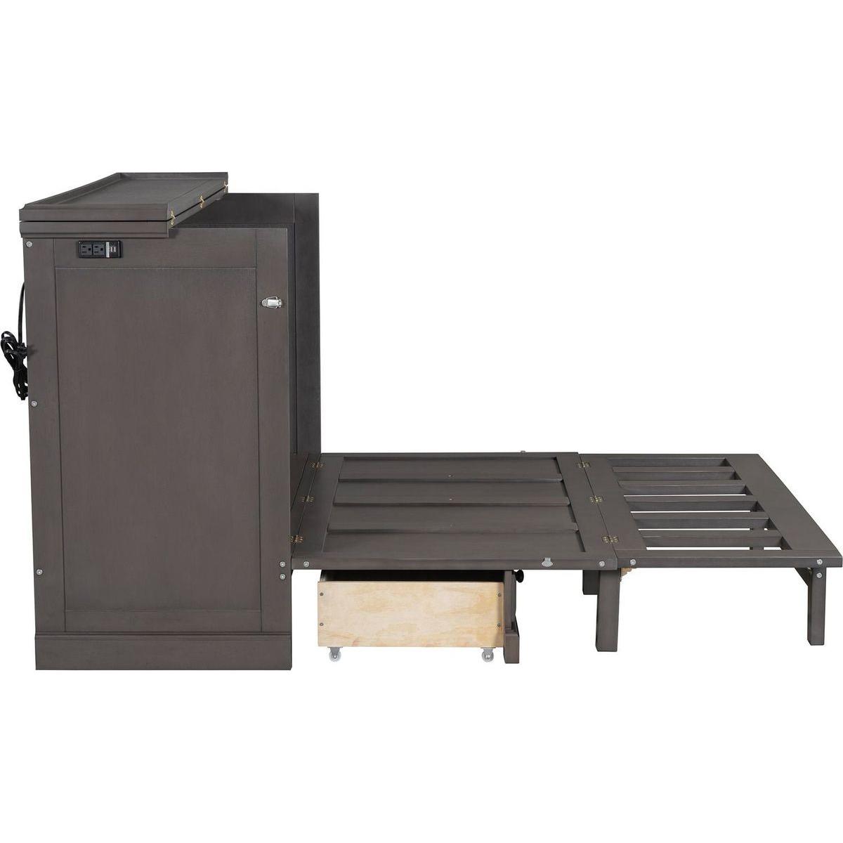 Solid Pine Murphy Bed Chest Cube Cabinet Bed with Charging Station and Large Storage Drawer for Home Office or Small Room,Full,Gray