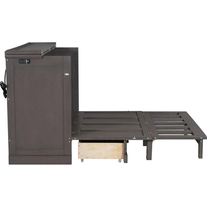 Solid Pine Murphy Bed Chest Cube Cabinet Bed with Charging Station and Large Storage Drawer for Home Office or Small Room,Full,Gray