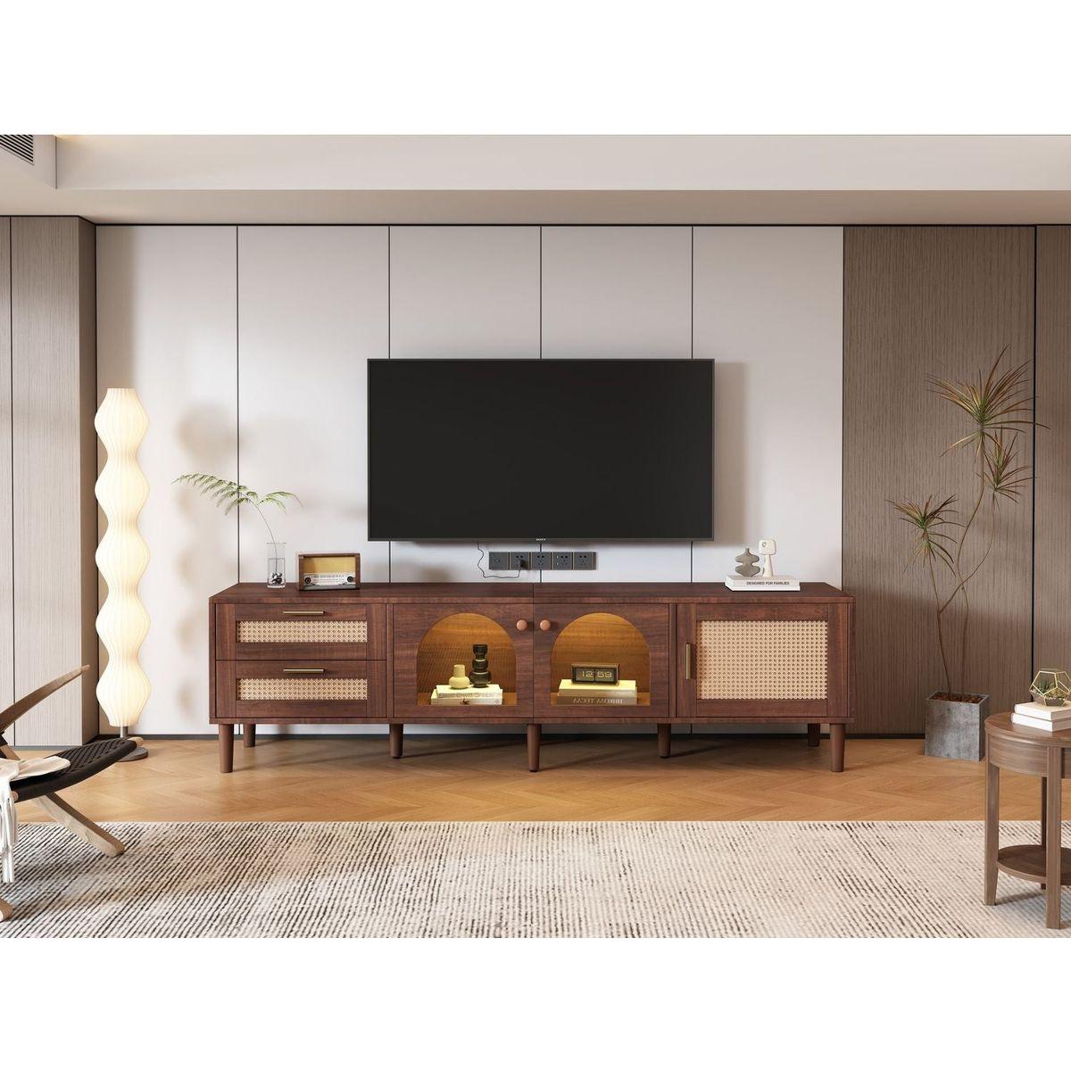 Rattan TV Stand with 3 Cabinets & 2 Drawers, Rattan-inspired Media Console Table for TVs up to 80", LED Light Entertainment Center, TV cabinet for Living room, Bedroom, Home Theatre - Streamdale Furniture