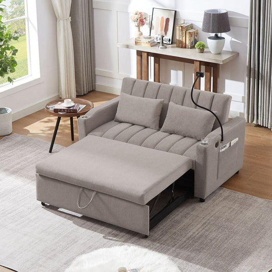 55.9" Convertible Sofa Bed Loveseat Sofa with Three USB Ports, Two Side Pockets, Two Cup Holders and 360Swivel Phone Holder for Living Room, Light Grey