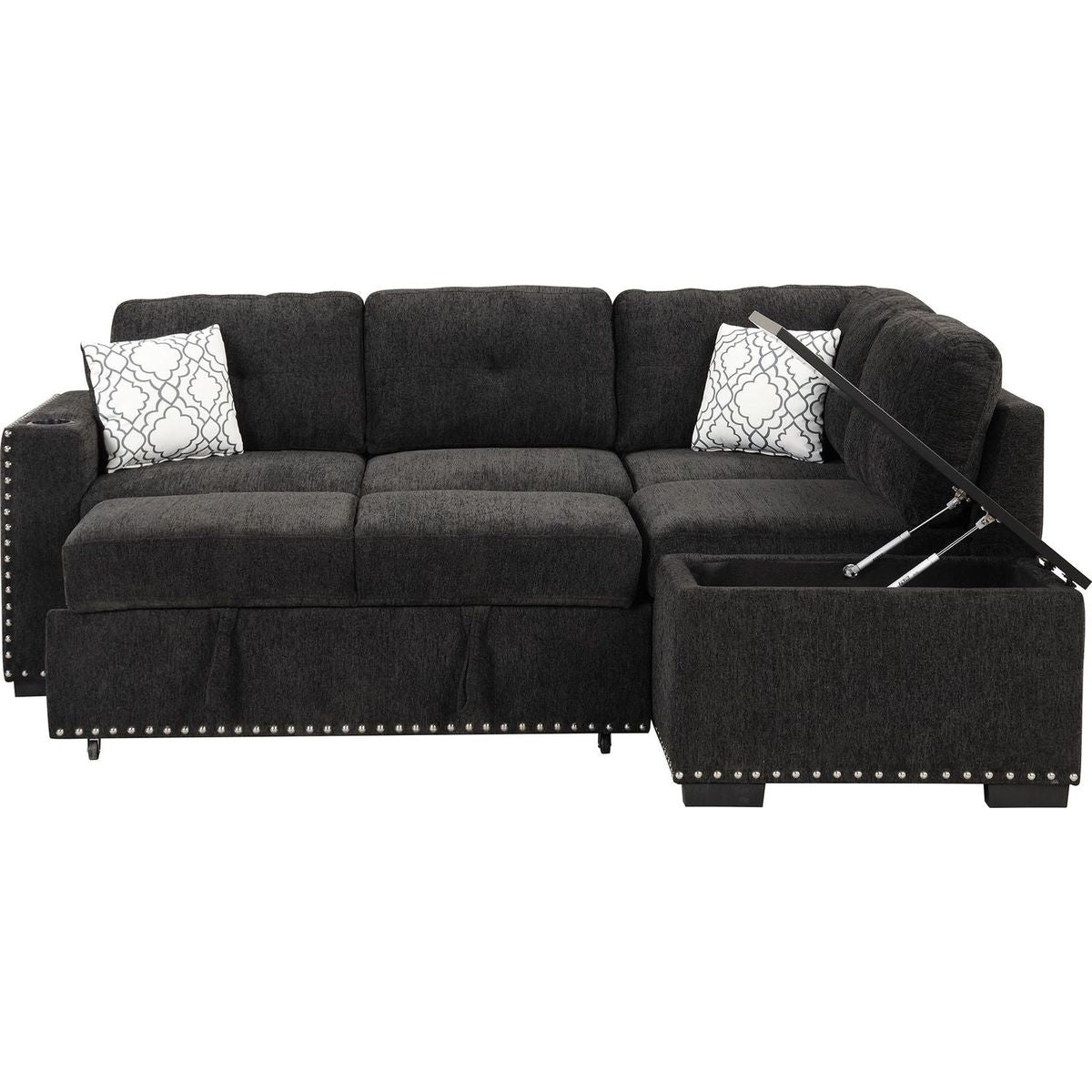 83.8" Reversible Sectional Pull-Out Sofa Bed L-Shaped Corner Sofa Couch with Storage Chaise, USB Ports, Power Sockets, Cup Holder for Living Room, Bedroom, Study, Black