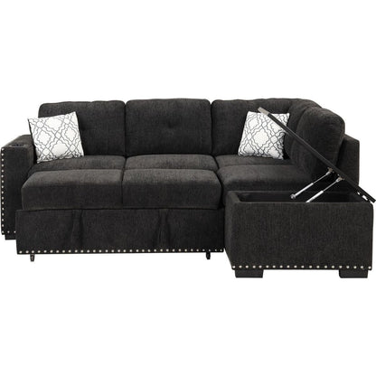 83.8" Reversible Sectional Pull-Out Sofa Bed L-Shaped Corner Sofa Couch with Storage Chaise, USB Ports, Power Sockets, Cup Holder for Living Room, Bedroom, Study, Black