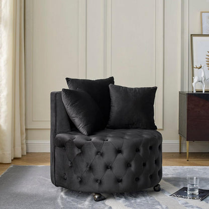 Velvet Upholstered Swivel Chair for Living Room, with Button Tufted Design and Movable Wheels, Including 3 Pillows, Black