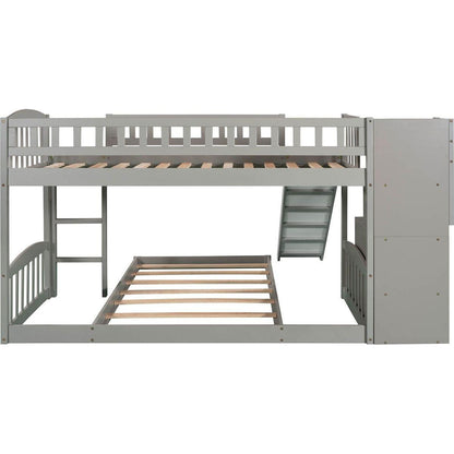 Stairway Twin over Twin Bunk Bed with Two Drawers and Slide, Gray