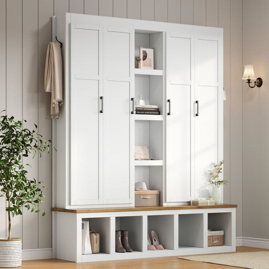 ON-TREND 62.9'W Farmhouse 4-in-1 Hall Tree with 6 Hanging Hooks, Mudroom Wood Grain Bench with Open Compartments, Entryway Shoe Cabinet with Seating Bench for Living Room, Hallway, White