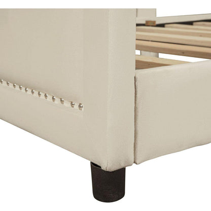 Twin Size Upholstered Daybed with Classic Stripe Shaped Headboard, Beige