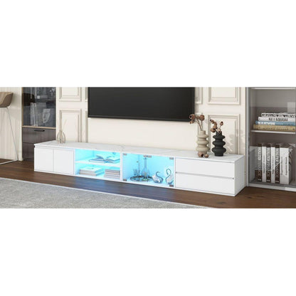 Modern APP Controlled LED TV Stand for TVs Up to 105", Faux Marble Tabletop Media Console with Tempered Glass Doors, Entertainment Center with 2 Drawers & Cabinets for Living Room, White