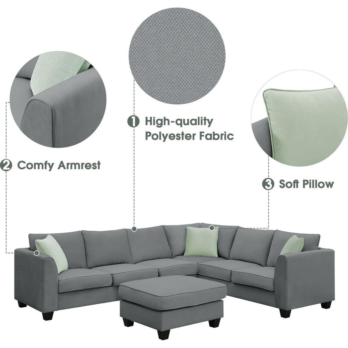 112x87" Sectional Sofa Couches Living Room Sets, 7 Seats Modular Sectional Sofa with Ottoman, L Shape Fabric Sofa Corner Couch Set with 3 Pillows, Grey(New of GS008210AAG)