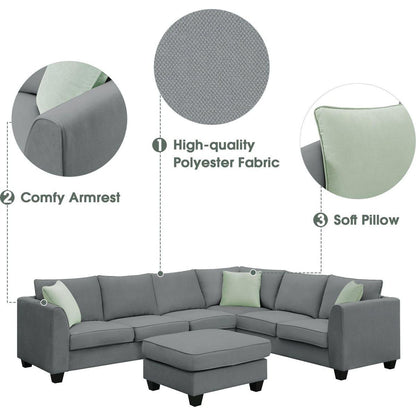 112x87" Sectional Sofa Couches Living Room Sets, 7 Seats Modular Sectional Sofa with Ottoman, L Shape Fabric Sofa Corner Couch Set with 3 Pillows, Grey(New of GS008210AAG)