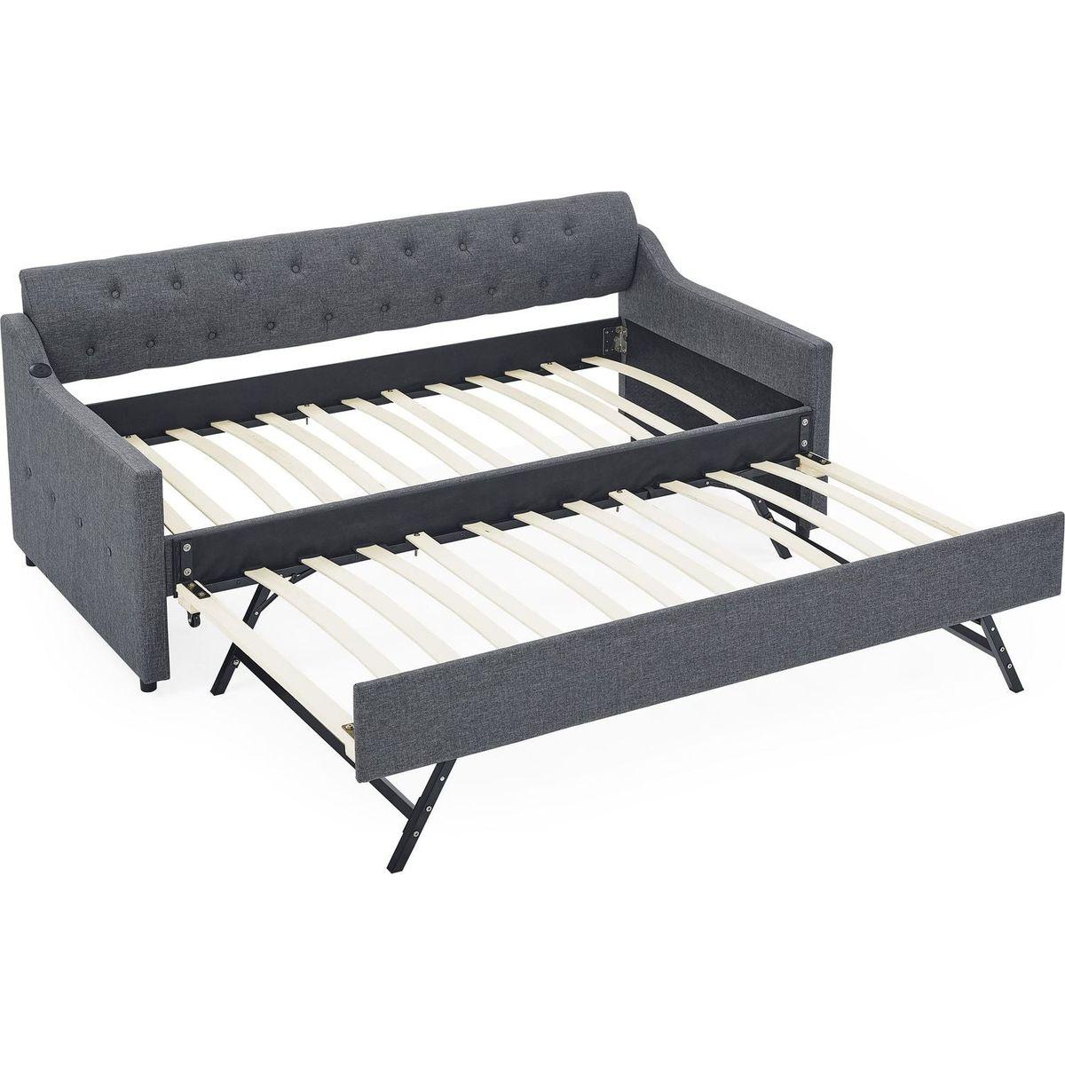 Twin Size Upholstery DayBed with Twin Size Erectable Trundle and USB Charging Design, Linen Dark Gray
