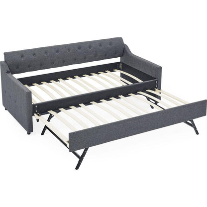 Twin Size Upholstery DayBed with Twin Size Erectable Trundle and USB Charging Design, Linen Dark Gray