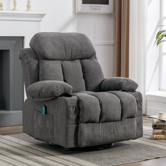 Swinging recliner massage heated sofa, with USB and 2 cup holders in side pockets, PackageA+B (gray fabric)