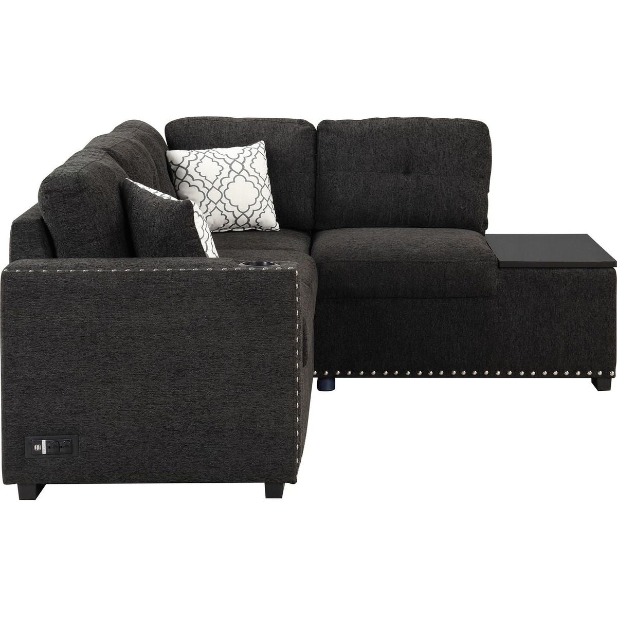 83.8" Reversible Sectional Pull-Out Sofa Bed L-Shaped Corner Sofa Couch with Storage Chaise, USB Ports, Power Sockets, Cup Holder for Living Room, Bedroom, Study, Black