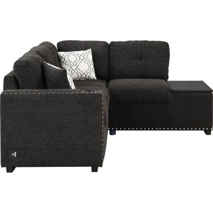 83.8" Reversible Sectional Pull-Out Sofa Bed L-Shaped Corner Sofa Couch with Storage Chaise, USB Ports, Power Sockets, Cup Holder for Living Room, Bedroom, Study, Black