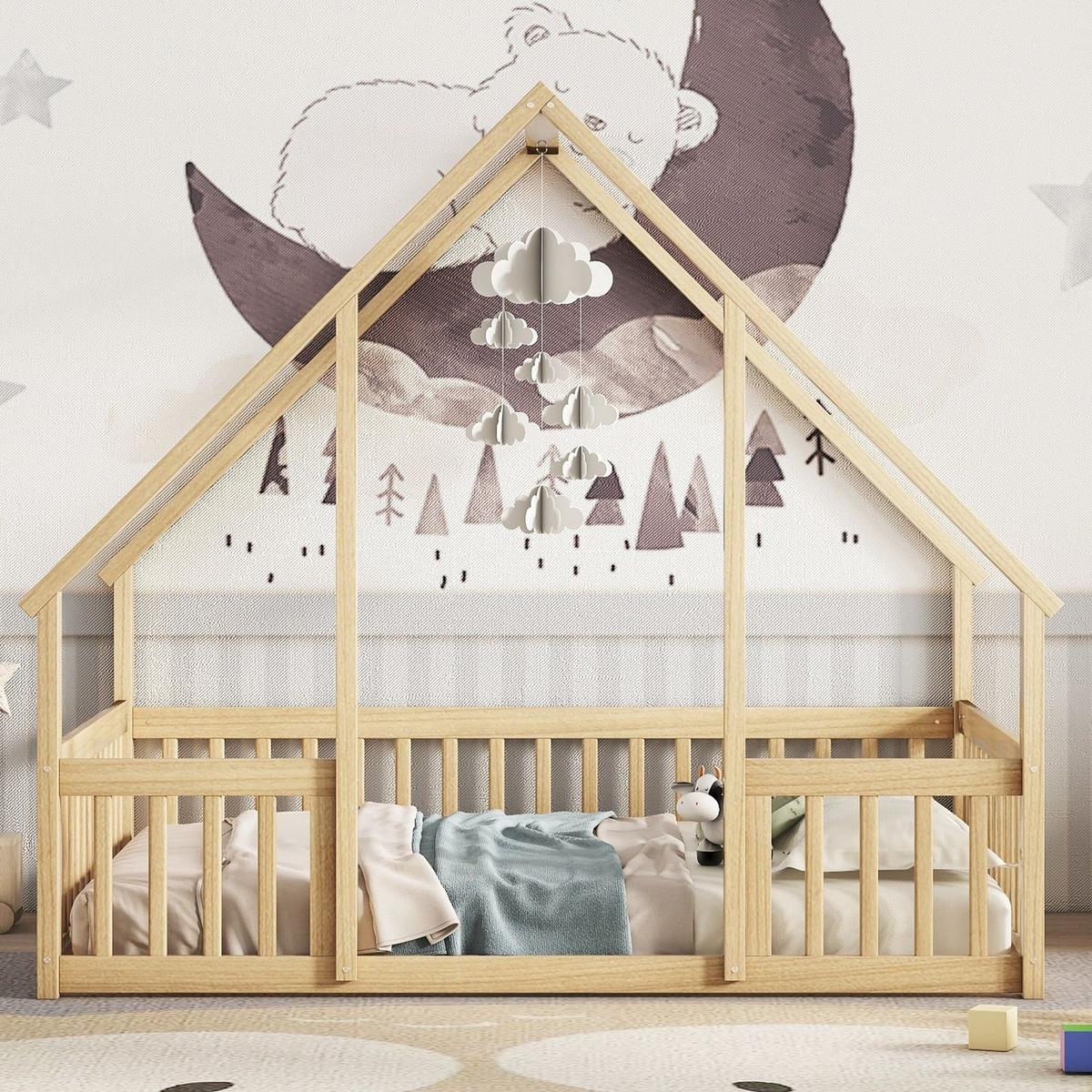 Full Wood House-Shaped Floor Bed with Fence, Guardrails,Natural