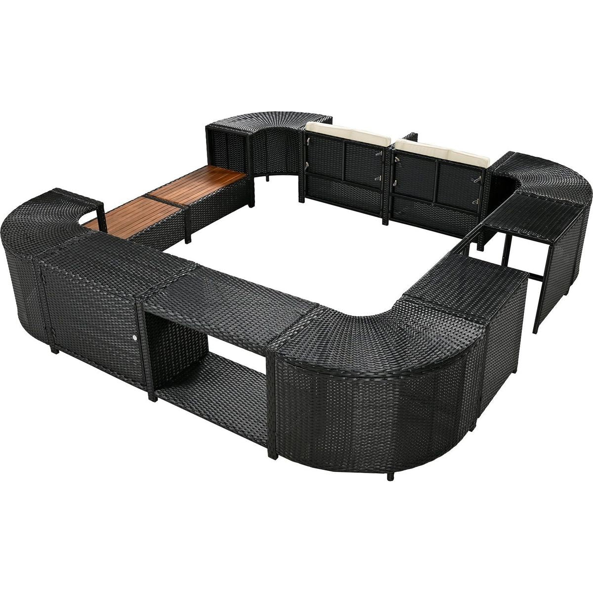 Spa Surround Spa Frame Quadrilateral Outdoor Rattan Sectional Sofa Set with Mini Sofa,Wooden Seats and Storage Spaces, Beige