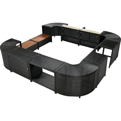 Spa Surround Spa Frame Quadrilateral Outdoor Rattan Sectional Sofa Set with Mini Sofa,Wooden Seats and Storage Spaces, Beige