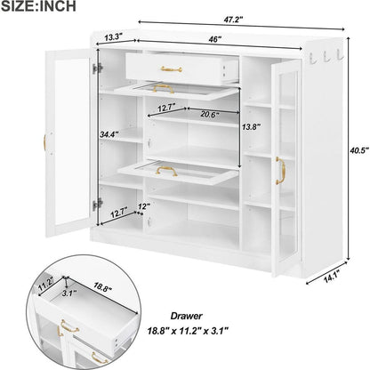 Modernist Side Cabinet with 4 Glass Doors & 3 Hooks, Freestanding Shoe Rack with Multiple Adjustable Shelves, Versatile Display Cabinet with Gold Handles for Hallway, Living Room, White