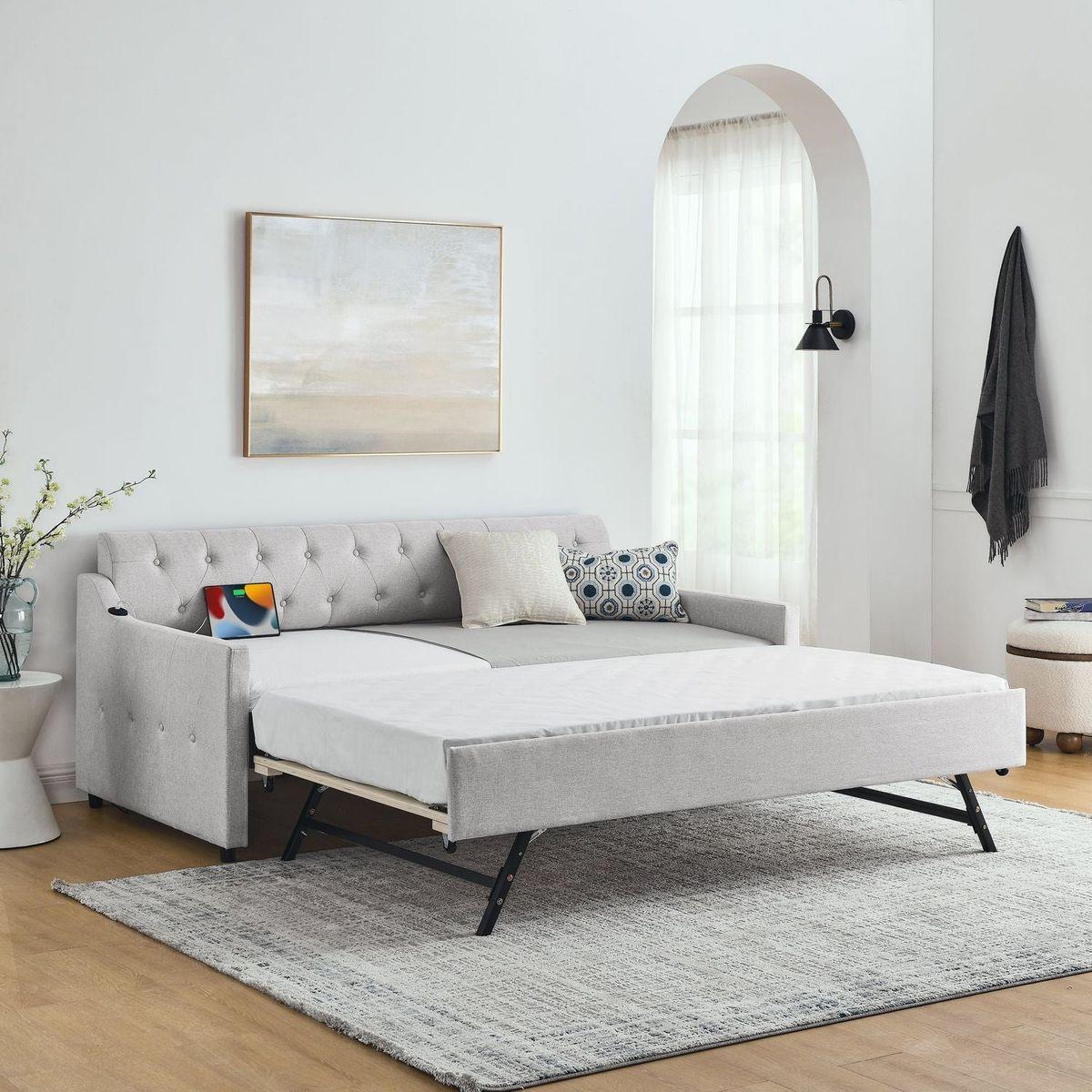 Twin Size Upholstery DayBed with Twin Size Erectable Trundle and USB Charging Design, Linen Beige