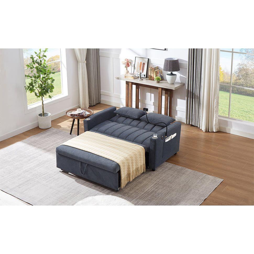 55.9" Convertible Sofa Bed Loveseat Sofa with Three USB Ports, Two Side Pockets, Two Cup Holders and 360Swivel Phone Holder for Living Room, Blue Grey