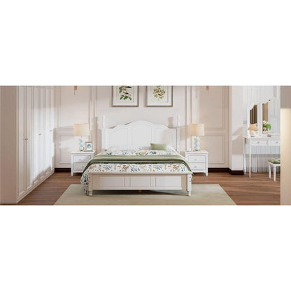 Queen Size Wood Platform Bed Frame,Retro Style Platform Bed with Wooden Slat Support,White