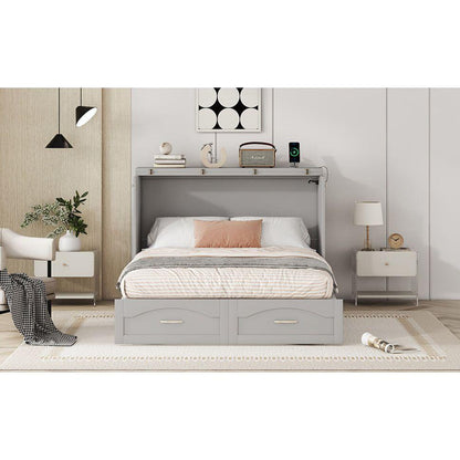 Full Size Murphy Bed Wall Bed with drawer and a set of Sockets & USB Ports, Pulley Structure Design, Gray