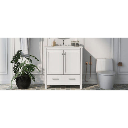 30" White Bathroom Vanity with Single Sink, Combo Cabinet Undermount Sink, Bathroom Storage Cabinet with 2 Doors and a Drawer, Soft Closing, Multifunctional Storage, Solid Wood Frame