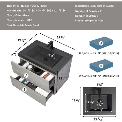30" Floating Bathroom Vanity with Sink, Modern Wall-Mounted Bathroom Storage Vanity Cabinet with Black Quartz Sand Top Basin and Soft Close Drawers, Grey