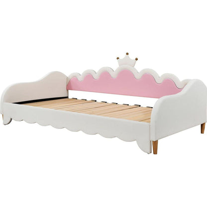 Twin Extending Daybed with LED Lights, Modern Upholstered Princess Daybed With Crown Headboard,White - Streamdale Furniture