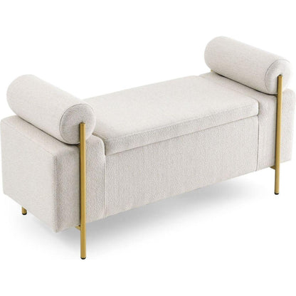 Elegant Upholstered Linen Storage Bench with Cylindrical Arms and Iron Legs for Hallway Living Room Bedroom, Beige