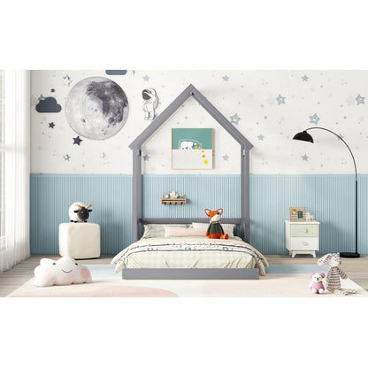 Full Roof-framed Headboard Floor Bed with Headboard Guardrails, without Slats, Grey