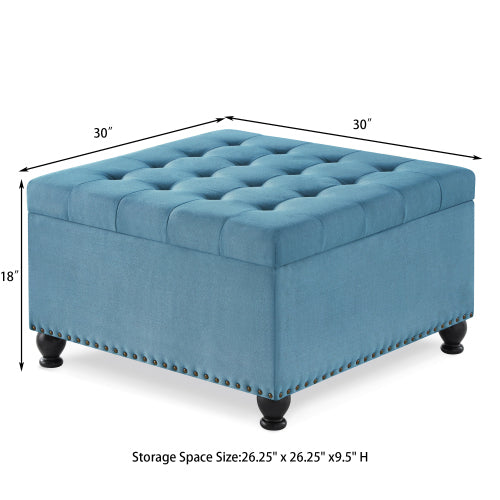 Large square storage ottoman with wooden legs, Upholstered button tufted coffee table with nail trims,Light Blue