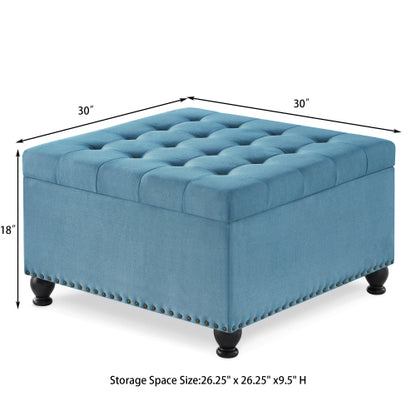 Large square storage ottoman with wooden legs, Upholstered button tufted coffee table with nail trims,Light Blue