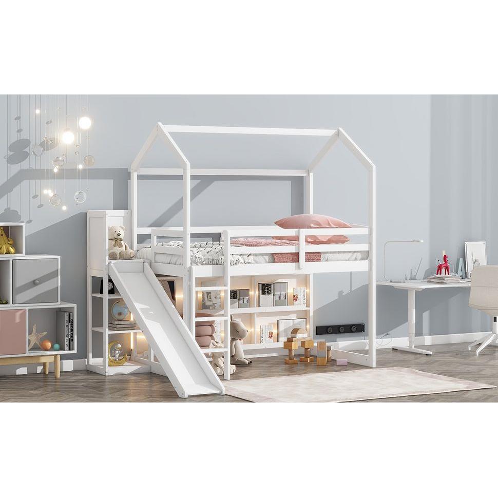 Twin Size Wood House Loft bed with Slide, Storage shelves and Light, White