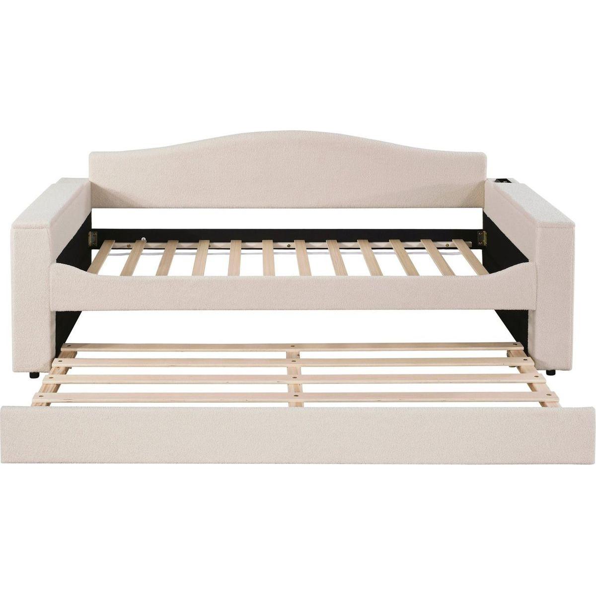 Twin Size Upholstered Daybed with Storage Armrests, Trundle and Latest Integrated Bluetooth Audio System, Teddy Fleece, Beige