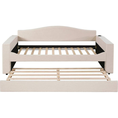 Twin Size Upholstered Daybed with Storage Armrests, Trundle and Latest Integrated Bluetooth Audio System, Teddy Fleece, Beige