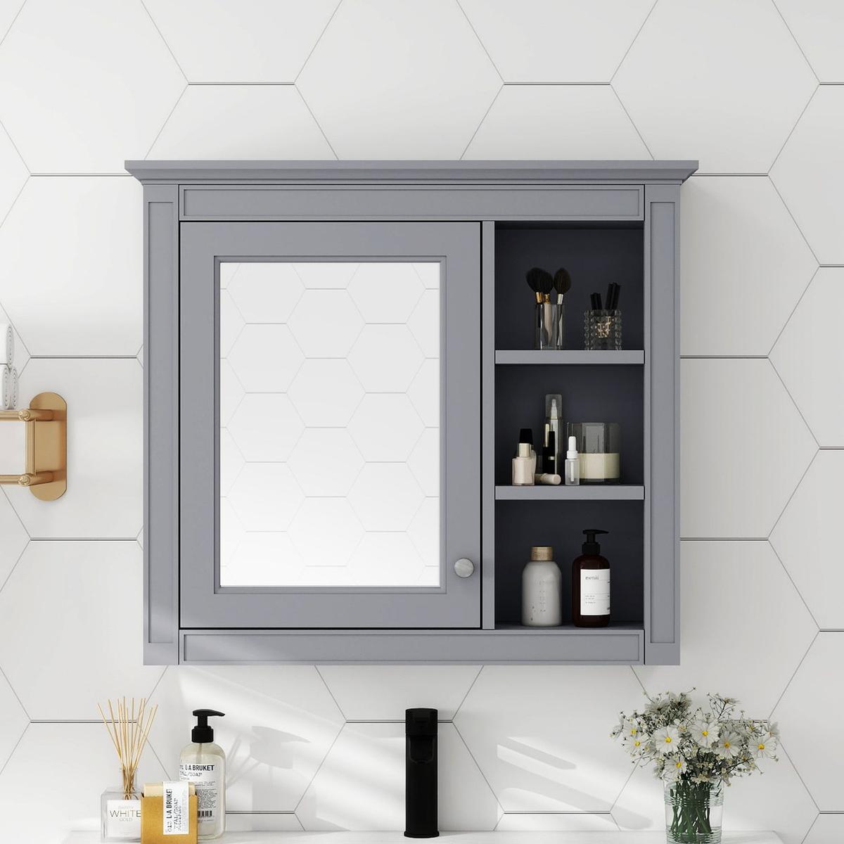 30" x 28" Medicine Cabinet, Wall Mounted Bathroom Storage Cabinet, Modern Bathroom Wall Cabinet with Mirror,Medicine Cabinet, Mirror Cabinet with 3 Open Shelves (Not Include Bathroom Vanity) - Streamdale Furniture