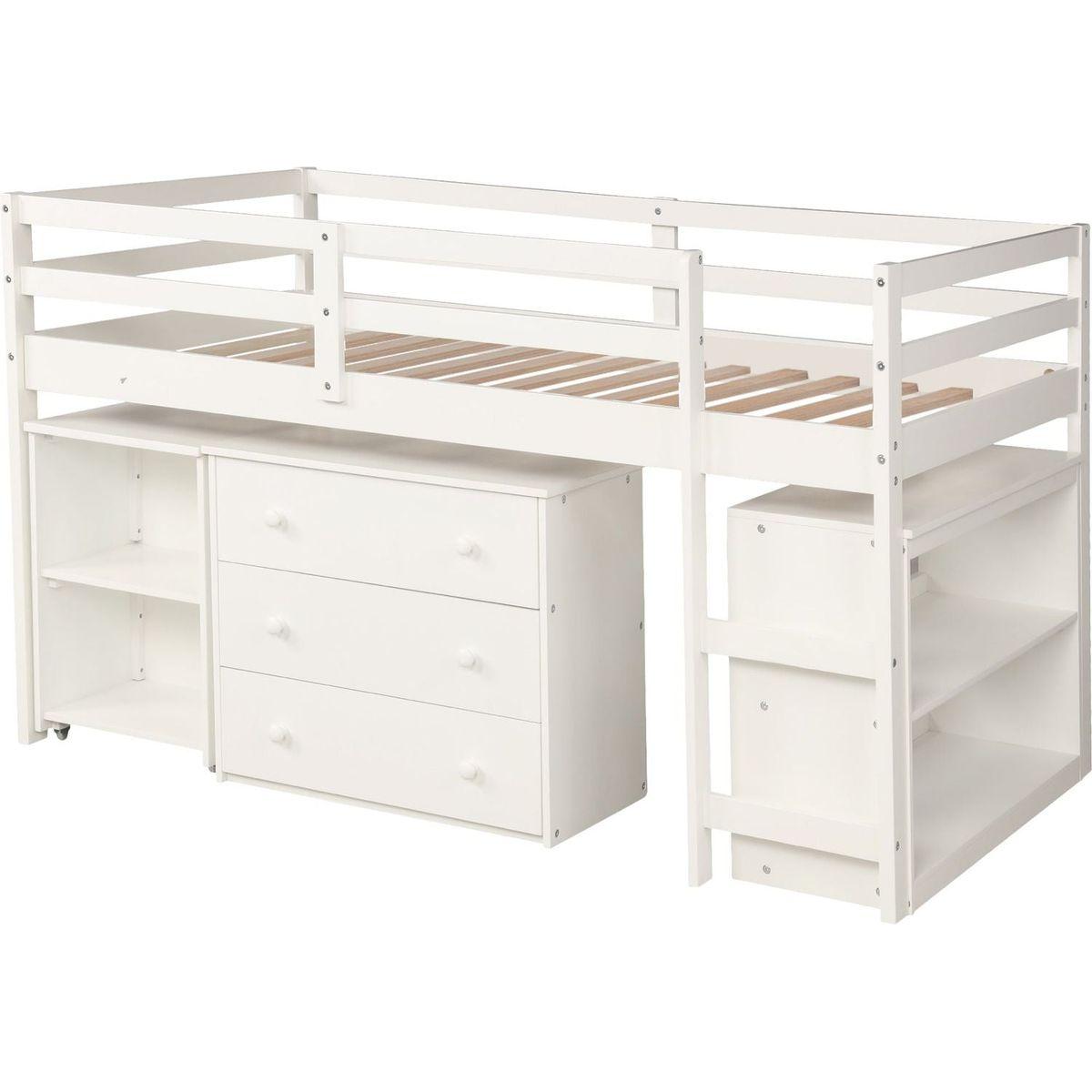 Low Study Twin Loft Bed with Cabinet and Rolling Portable Desk - White