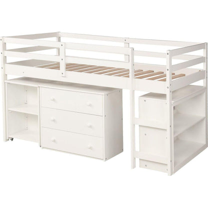 Low Study Twin Loft Bed with Cabinet and Rolling Portable Desk - White